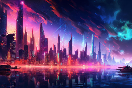 Futuristic Neon Colored Cyberpunk City Skyline, Generative AIの素材