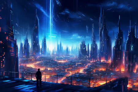 Light Blue Futuristic Neon Cyberpunk City Skyline, Generative AIの素材