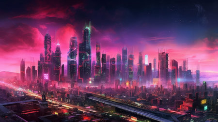 Futuristic Neon Colored Cyberpunk City Skyline, Generative AIの素材