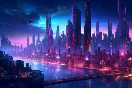 Futuristic Neon Colored Cyberpunk City Skyline, Generative AIの素材
