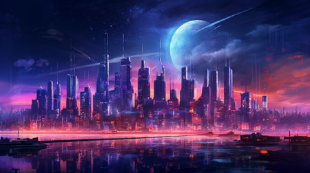 Futuristic Neon Colored Cyberpunk City Skyline with Moon Behind It, Generative AIの素材