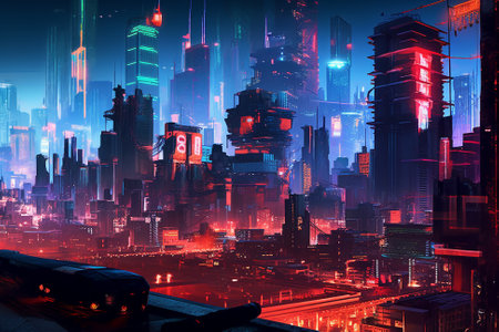 Futuristic Neon Colored Cyberpunk City Skyline, Generative AIの素材