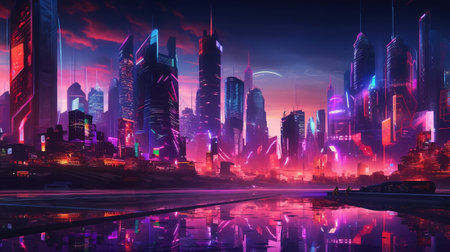 Futuristic Neon Colored Cyberpunk City Skyline, Generative AIの素材