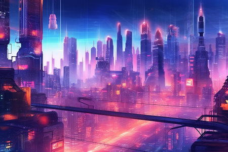 Futuristic Neon Colored Cyberpunk City Skyline, Generative AIの素材