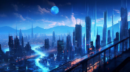 Light Blue Futuristic Neon Cyberpunk City Skyline, Generative AIの素材