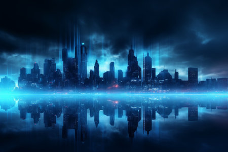Light Blue Futuristic Neon Cyberpunk City Skyline, Generative AIの素材
