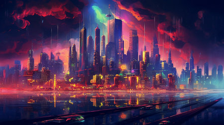 Futuristic Neon Colored Cyberpunk City Skyline, Generative AIの素材