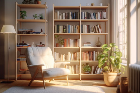 A Scandinavian Bookshelf in a Home Library Next to an Armchair in a Cozy Modern Light Colored Interior, Generative AIの素材