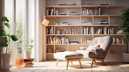 A Scandinavian Bookshelf in a Home Library Next to an Armchair in a Cozy Modern Light Colored Interior, Generative AIの素材