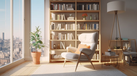 A Scandinavian Bookshelf in a Home Library Next to an Armchair in a Cozy Modern Light Colored Interior, Generative AIの素材