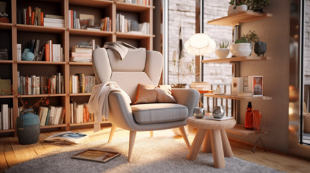 A Scandinavian Bookshelf in a Home Library Next to an Armchair in a Cozy Modern Light Colored Interior, Generative AIの素材