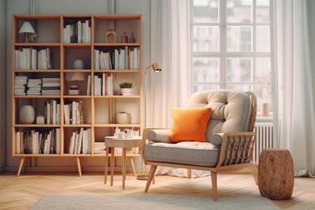 A Scandinavian Bookshelf in a Home Library Next to an Armchair in a Cozy Modern Light Colored Interior, Generative AIの素材