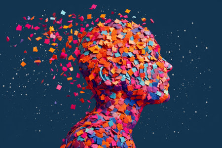 Side Profile of Man Covered in Confetti With the Confetti Flying Off of His Head, Representing Rapid Thought and Thinking, Mental Health Concepts, Generative AIの素材