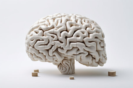 A White Three-Dimensional Brain Puzzle, Representing the Puzzle that is the Mind, Mental Health Concept, Generative AIの素材