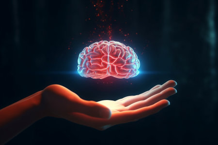 A 3D Render of a Hologram of a Brain Floating Above a Hand, Mental Health Concept, Generative AIの素材