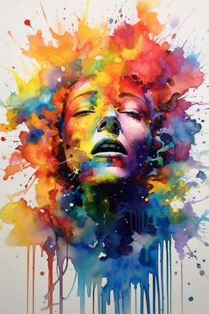 Vivid Rainbow Colored Watercolor Painting Of a Person's Face Looking Concerned or Tired A Spectrum of Emotions Generative AIの素材