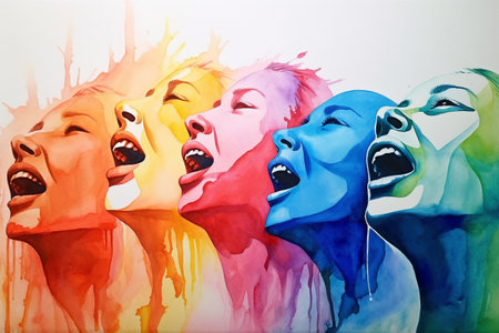 Vivid Rainbow Colored Watercolor Painting of a Group of People Yelling at the Sky, A Spectrum of Emotions Generative AIの素材