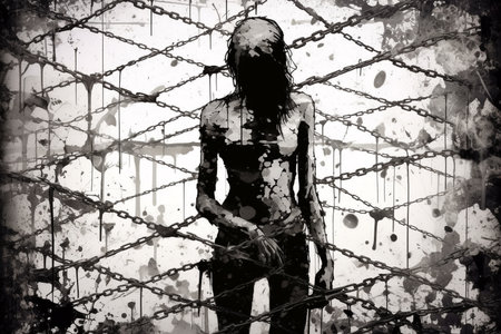 A Black and White Full Body Portrait of a Person Bound by Dark Chains, Representing Depression, Sadness, and Negative Emotions, and the hold they have on us, Grunge Style Illustration, Generative AIの素材