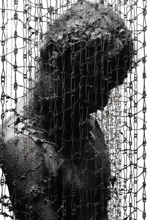 A Black and White Portrait of a Decrepit Person Bound by Chains, Representing Darkness, Depression, and Negative Emotions, Grunge Style Illustration, Generative AIの素材