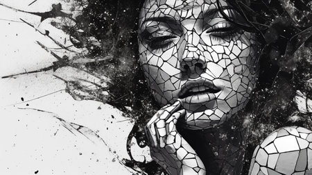 A Black and White Portrait Drawing of a Woman With Cracks in Her Face Representing Fragility and Being Broken, Grunge Style Illustration, Generative AIの素材