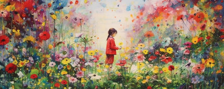 A Watercolor Painting of a Little Girl in a Flower Garden, Representing Tranquility, and a Calm Mind, Generative AIの素材