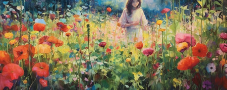 A Watercolor Painting of a Person in a Flower Garden, Representing Tranquility, and a Calm Mind, Generative AIの素材