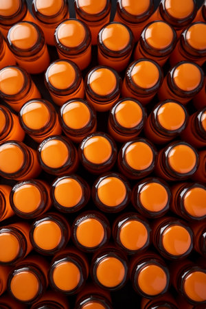 Glass Orange Bottle Lids Arranged in a Pattern Filling the Frame, Generative AIの素材