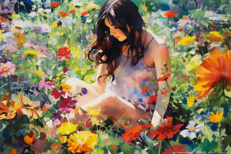 A Watercolor Painting of a Woman in a Flower Garden, Representing Tranquility, and a Calm Mind, Generative AIの素材