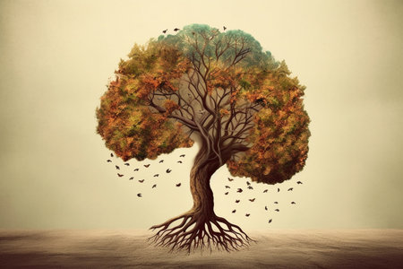 A Tree in the Shape of a Human Brain, Representing Growth of the Mind and Mental Stimulation, Generative AIの素材