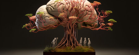 A Human Brain Mixed With a Tree, Surrounded by Aliens Observing It, Representing Growth of the Mind and Mental Stimulation, Generative AIの素材
