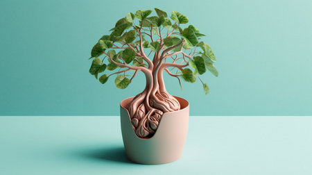A Plant Sprouting Out of a Brain in a Pot, on a Light Blue Background, Representing Mind Growth and Mental Stimulation, Generative AIの素材