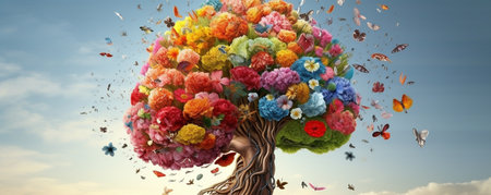 A Vibrant Human Brain Mixed With a Tree Covered in Flowers Surrounded by Butterflies, Representing Growth of the Mind and Mental Stimulation, Generative AIの素材