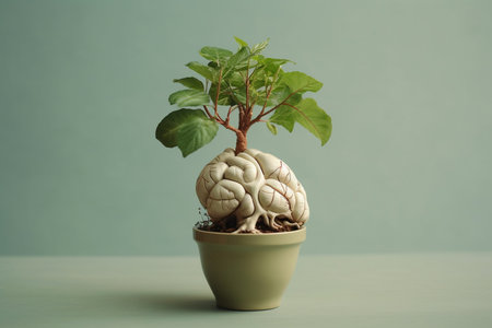 A Plant Sprouting Out of a Brain in a Pot, Representing Mind Growth and Mental Stimulation, Generative AIの素材