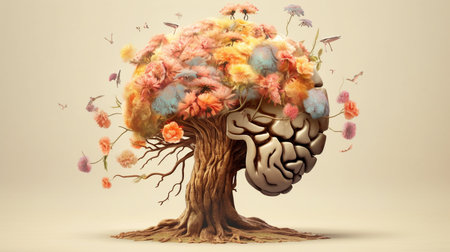 A Vibrant Human Brain Mixed With a Tree Covered in Flowers Surrounded by Butterflies, Representing Growth of the Mind and Mental Stimulation, Generative AIの素材