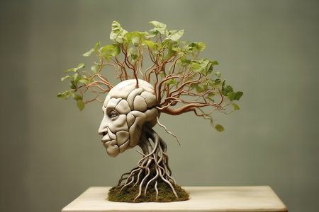 A Plant Sprouting Out of a Human Head Representing the Growth of the Mind and Mental Stimulation, Generative AIの素材