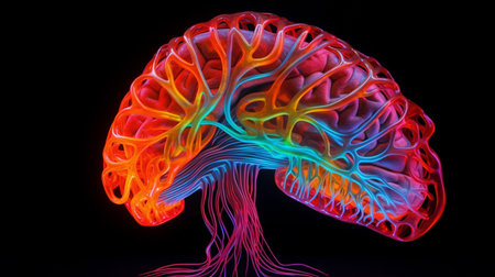 A Vibrant Neon Wire Frame Brain, Representing Brain Activity, Generative AIの素材