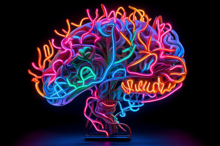 A Vibrant Neon Wire Frame Brain, Representing Brain Activity, Generative AIの素材