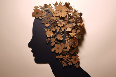 A Cardboard Silhouette of a Woman With Flowers Coming Out of Her Head, Representing Positive Emotions, and Healthy Thoughts, Generative AIの素材