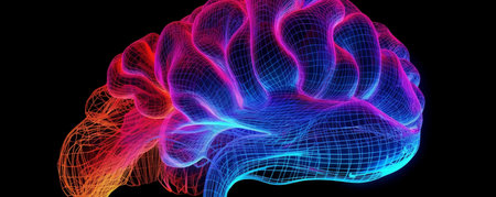 A Vibrant Neon Wire Frame Brain, Representing Brain Activity, Generative AIの素材