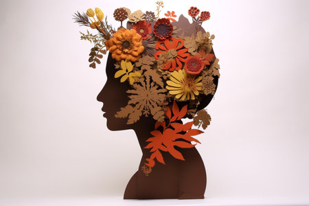 A Cardboard Silhouette of a Woman With Flowers Coming Out of Her Head, Representing Positive Emotions, and Healthy Thoughts, Generative AIの素材
