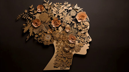 A Cardboard Silhouette of a Woman With Flowers Coming Out of Her Head, Representing Positive Emotions, and Healthy Thoughts, Generative AIの素材