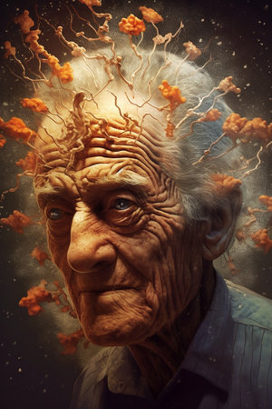 An Old Man With Mushroom Spores Coming Out of His Head, Representing Degenerative Diseases, Alzheimer's and Dementia, Generative AIの素材