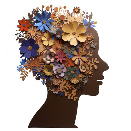 A Cardboard Silhouette of a Woman With Flowers Coming Out of Her Head, Representing Positive Emotions, and Healthy Thoughts, Generative AIの素材