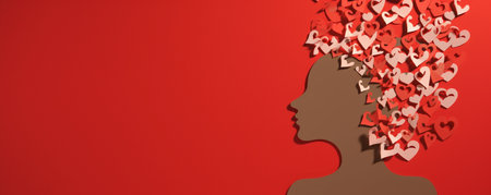 A Brown Cardboard Silhouette on a Red Background, of a Person With Red Hearts Coming Out of Their Head, Generative AIの素材