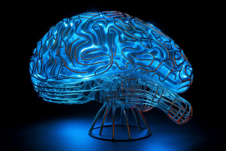 A Transparent Neon Blue Brain Hologram, Generative AIの素材