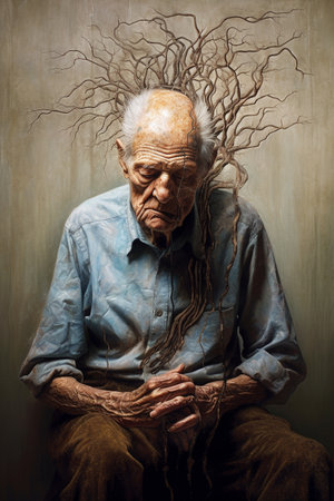 An Old Man With Unsettling Tendrils Coming Out of His Head, Representing Degenerative Diseases, Alzheimer's and Dementia, Generative AIの素材