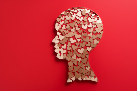 A Cardboard Silhouette on a Red Background, of a Person's Head Made With Hearts, Generative AIの素材