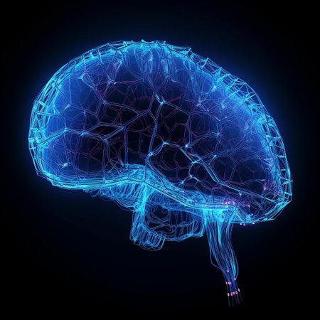 A Transparent Neon Blue Brain Hologram, Generative AIの素材