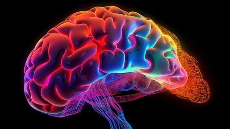 A Vibrant Neon Wire Frame Brain, Representing Brain Activity, Generative AIの素材