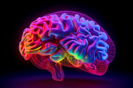 A Vibrant Neon Wire Frame Brain, Representing Brain Activity, Generative AIの素材